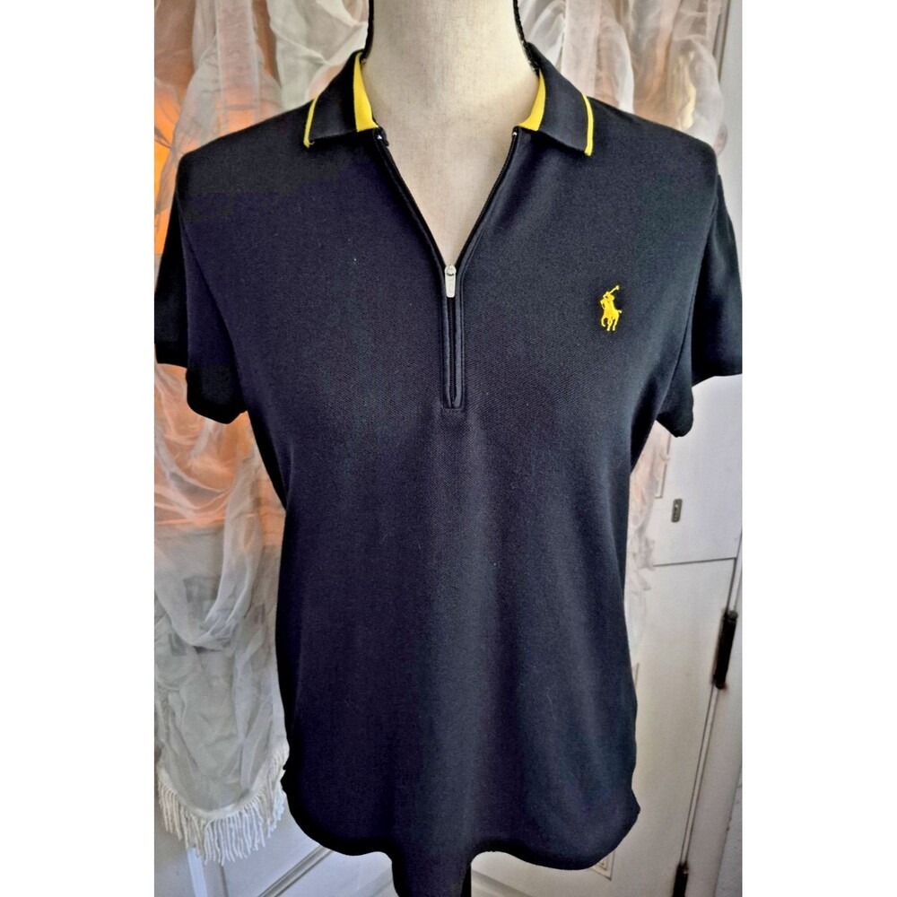Ralph Lauren Golf Polo Shirt Women M Black Yellow Pony Trim Preppy